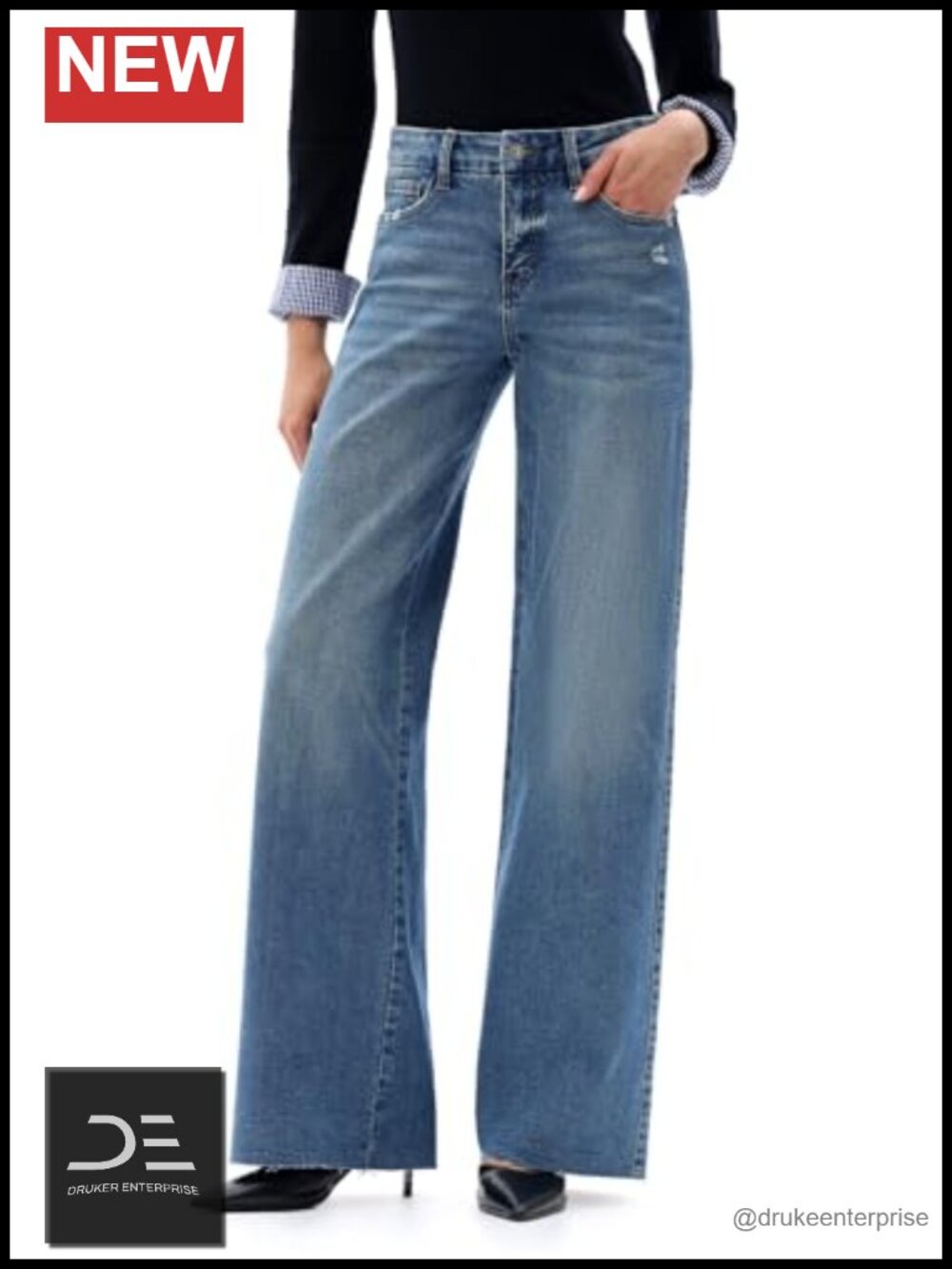 Women's Wide Leg Jeans Mid Rise High Stretch Raw Hem Denim